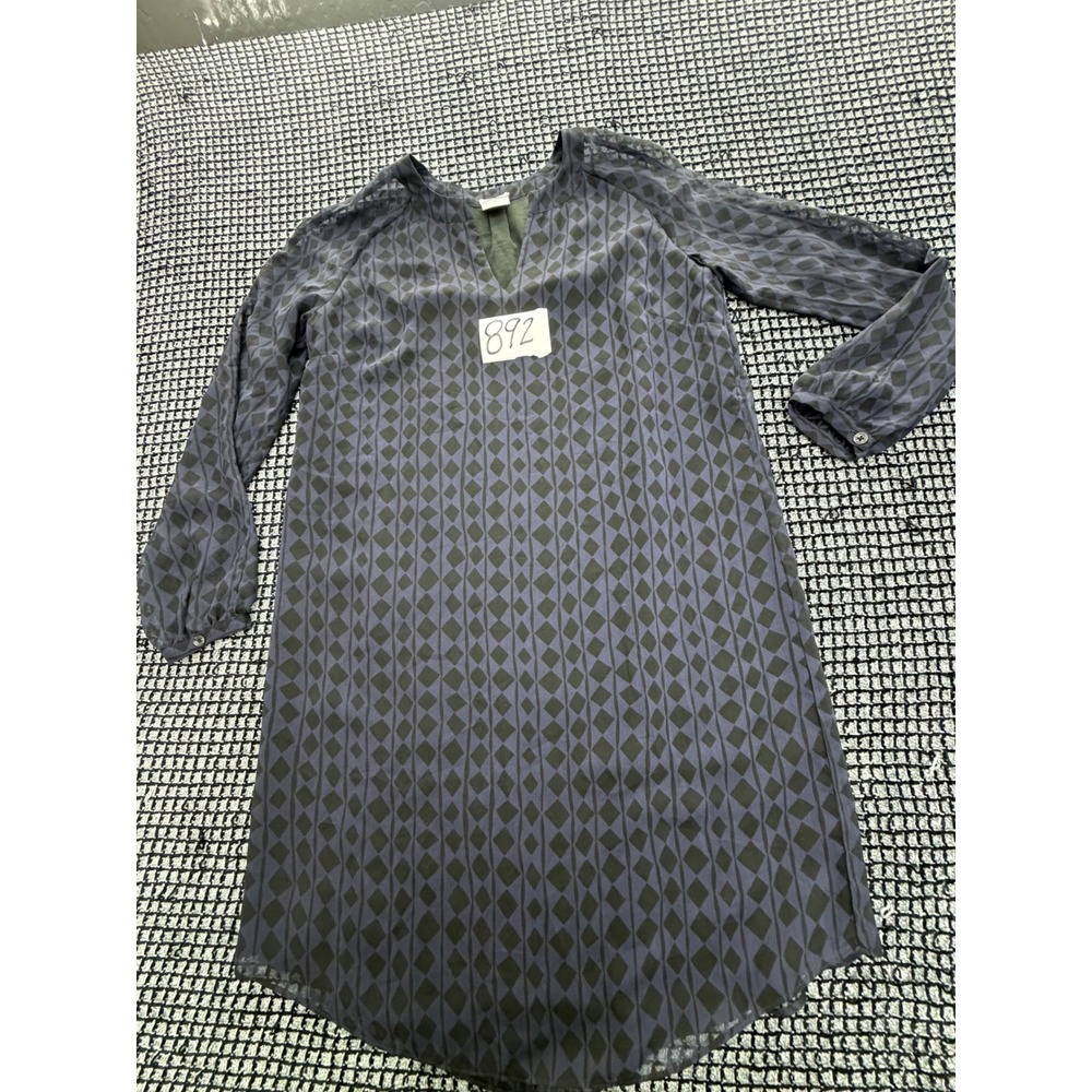 Cabi Diamond Print Shift Dress Women Small Blue Black Split Neck